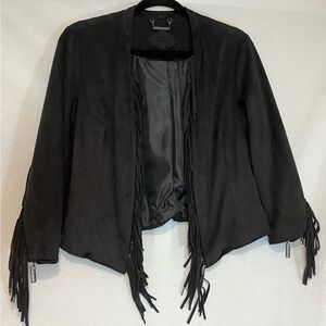 JOUJOU Women's Black Faux Suede Cropped Jacket Fringe Zip Sleeves Size Large